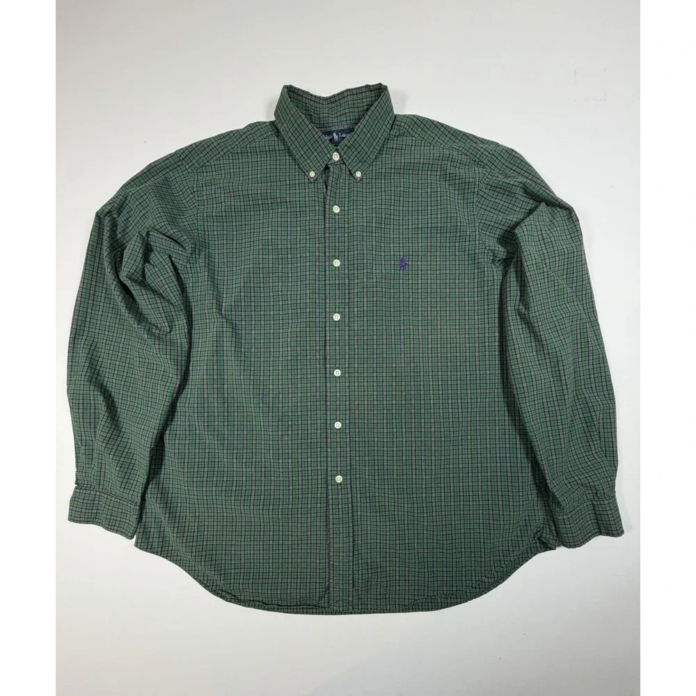 Vintage Ralph Lauren Mens 17.5 XL Tall Green Purple Check Button Up Shirt